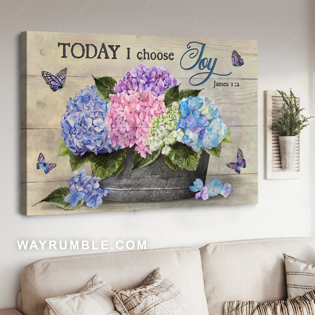 Hydrangea flower, Purple butterfly, Today I choose joy - Jesus Landscape Canvas Prints, Christian Wall Art