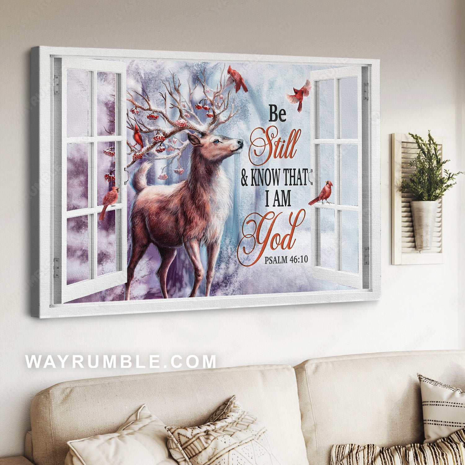 Watercolor deer, Stunning horn, Red cardinal, Be still and know that I am God - Jesus Landscape Canvas Prints, Home Decor Wall Art