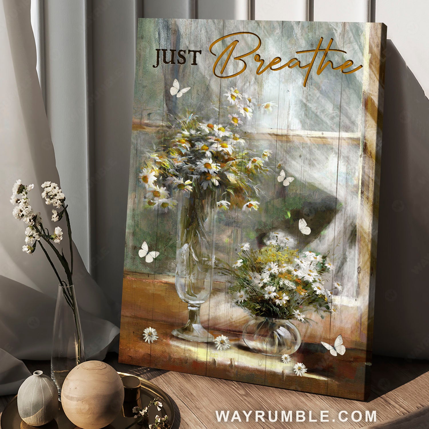 Daisy flowers, Glass vase, Window scarf, Just breathe - Jesus Portrait Canvas Prints, Christian Wall Art