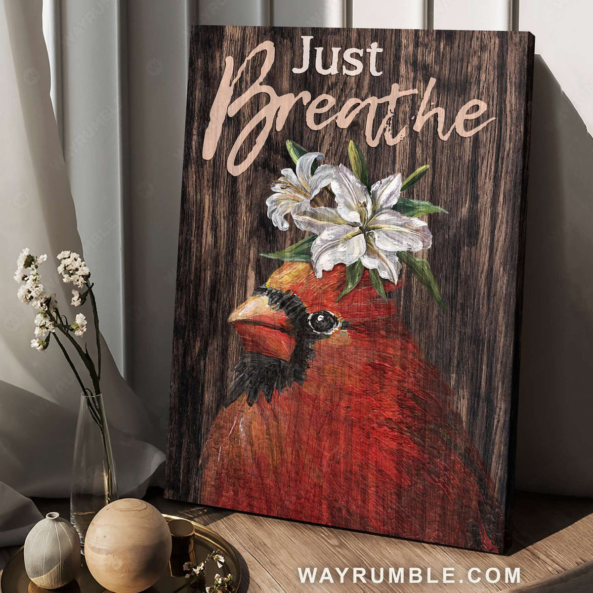 Red cardinal, Lily flower, Just breathe - Jesus Portrait Canvas Prints, Christian Wall Art