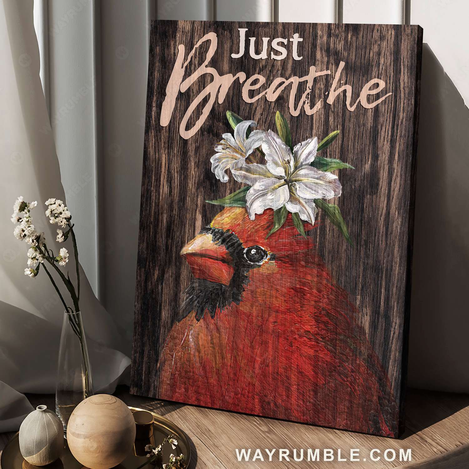 Red cardinal, Lily flower, Just breathe - Jesus Portrait Canvas Prints, Christian Wall Art