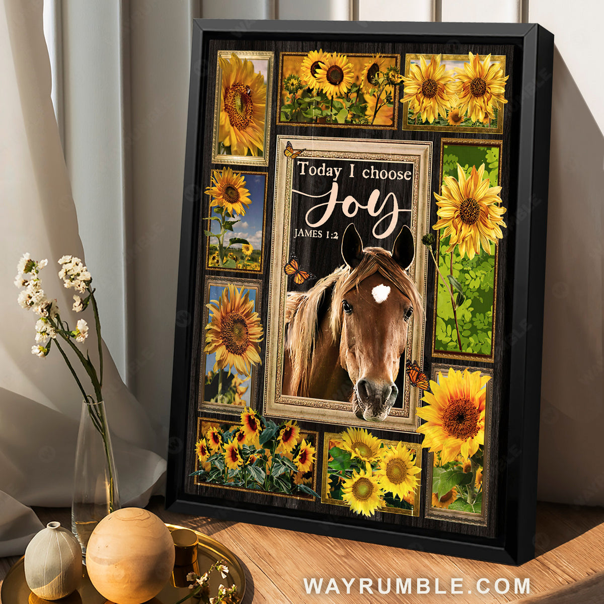 Sunflower frame, Quarter horse, Monarch butterfly, Today I choose joy - Jesus Portrait Canvas Prints, Home Decor Wall Art