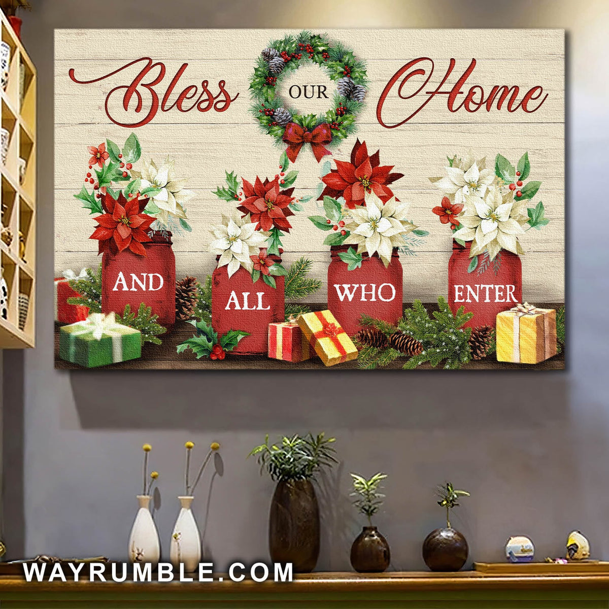 Christmas wreath, Red flower, Bless our home and all who enter - Jesus Landscape Canvas Prints, Wall Art