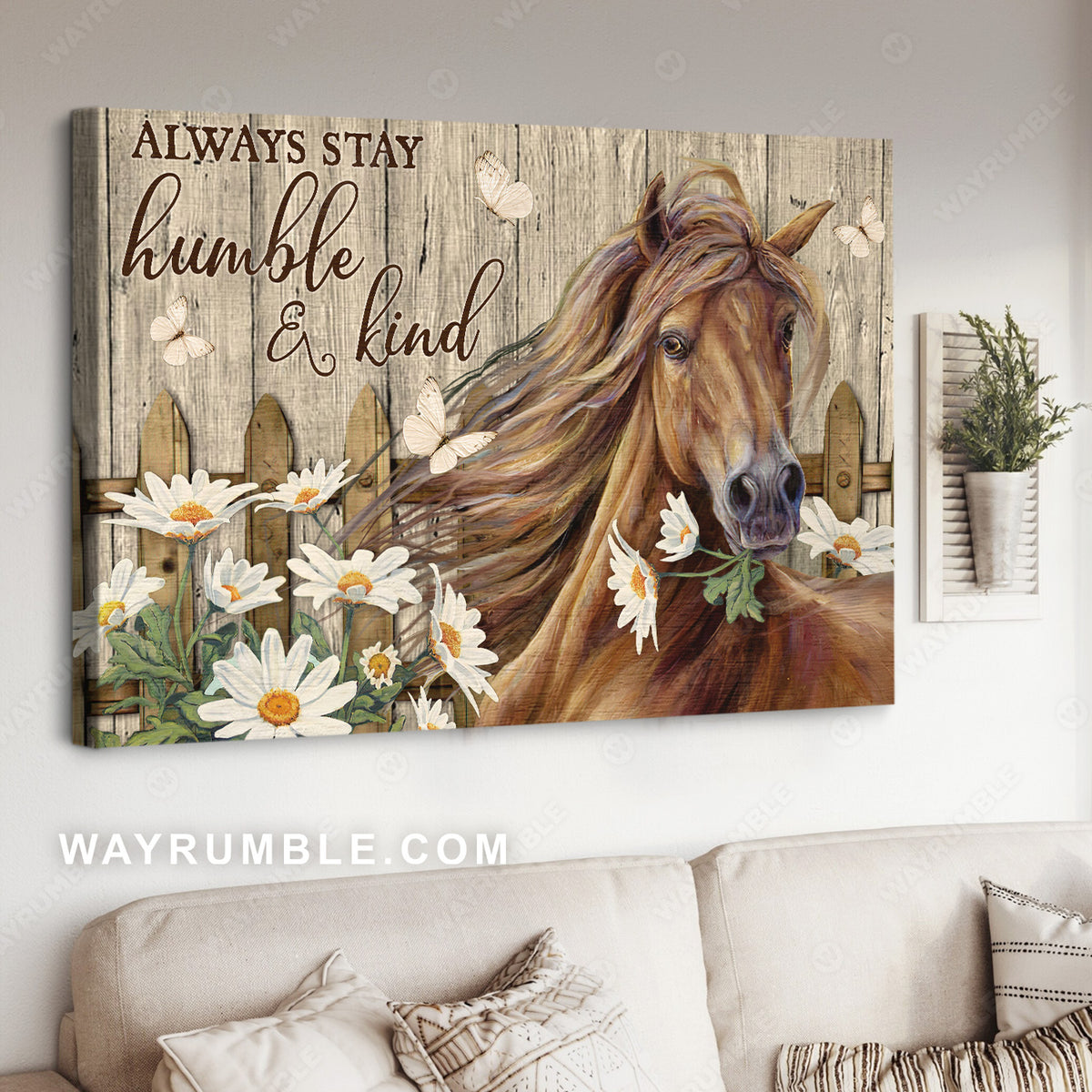 Stunning horse, Daisy garden, Wooden fence, Always stay humble and kind - Jesus Landscape Canvas Prints, Christian Wall Art