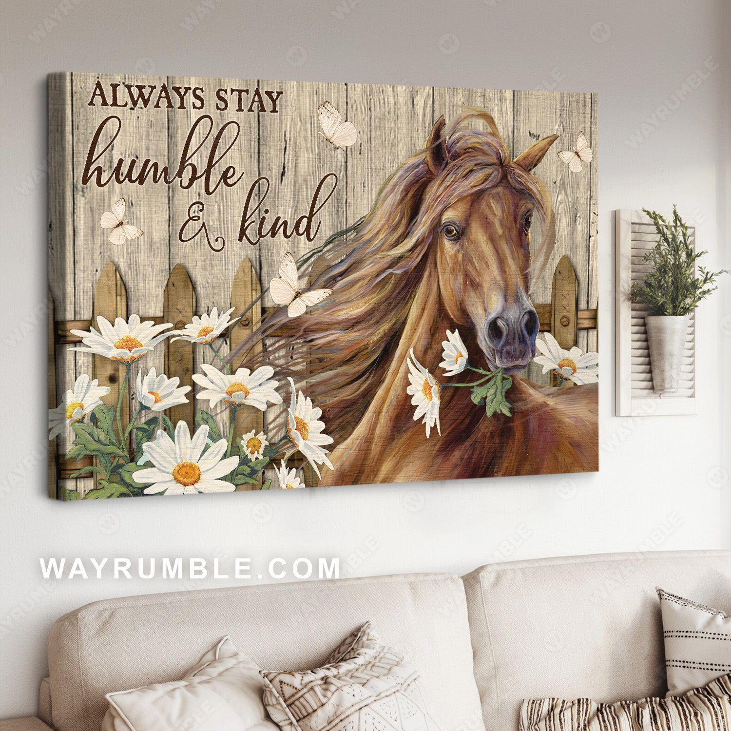Stunning horse, Daisy garden, Wooden fence, Always stay humble and kind - Jesus Landscape Canvas Prints, Christian Wall Art