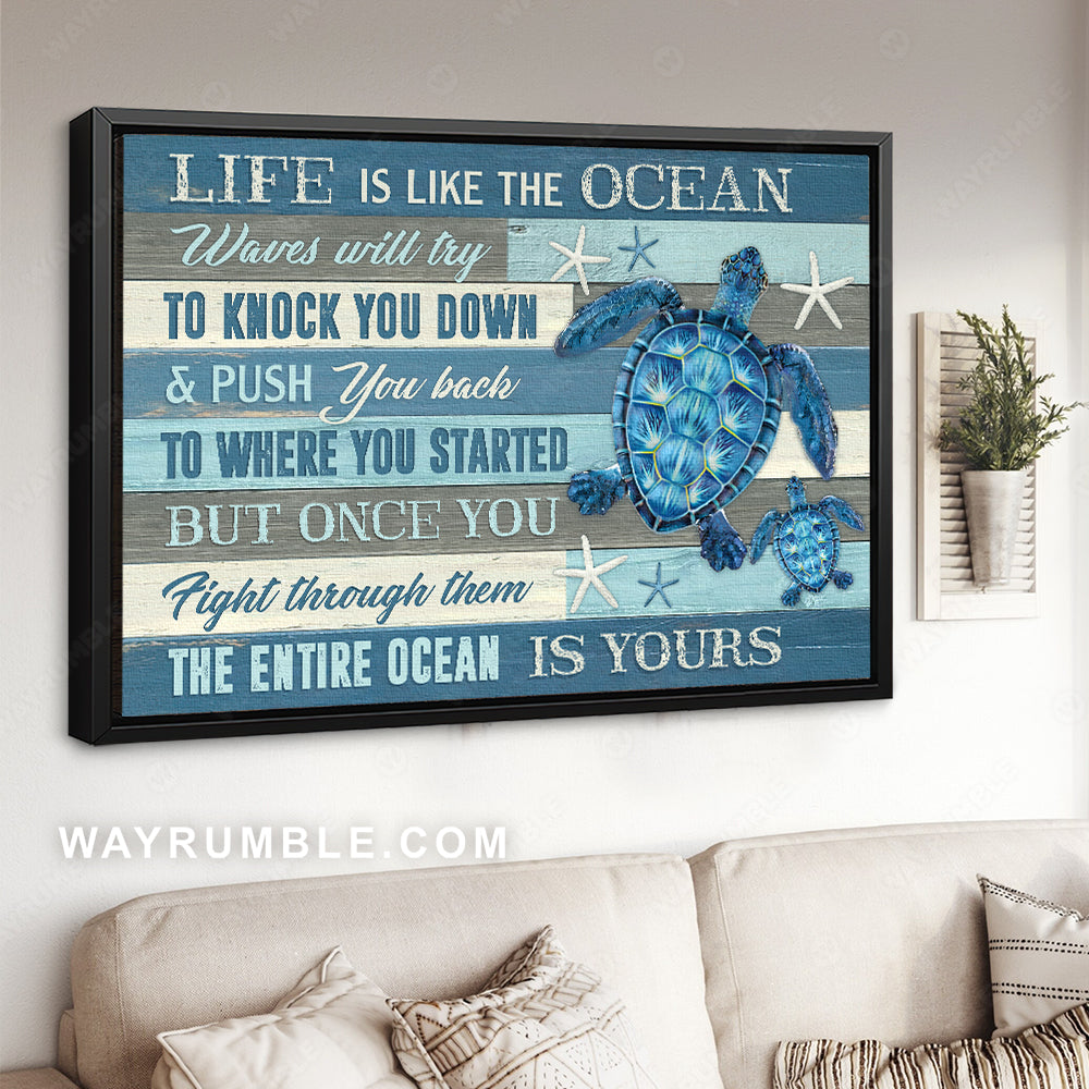 Unique sea turtle, Blue background, White starfish, Life is like the ocean - Jesus Landscape Canvas Prints, Christian Wall Art