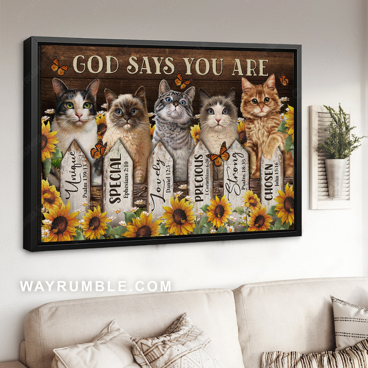 Little cat painting, Wooden fence, Sunflower garden, God says you are unique - Jesus Landscape Canvas Prints, Christian Wall Art