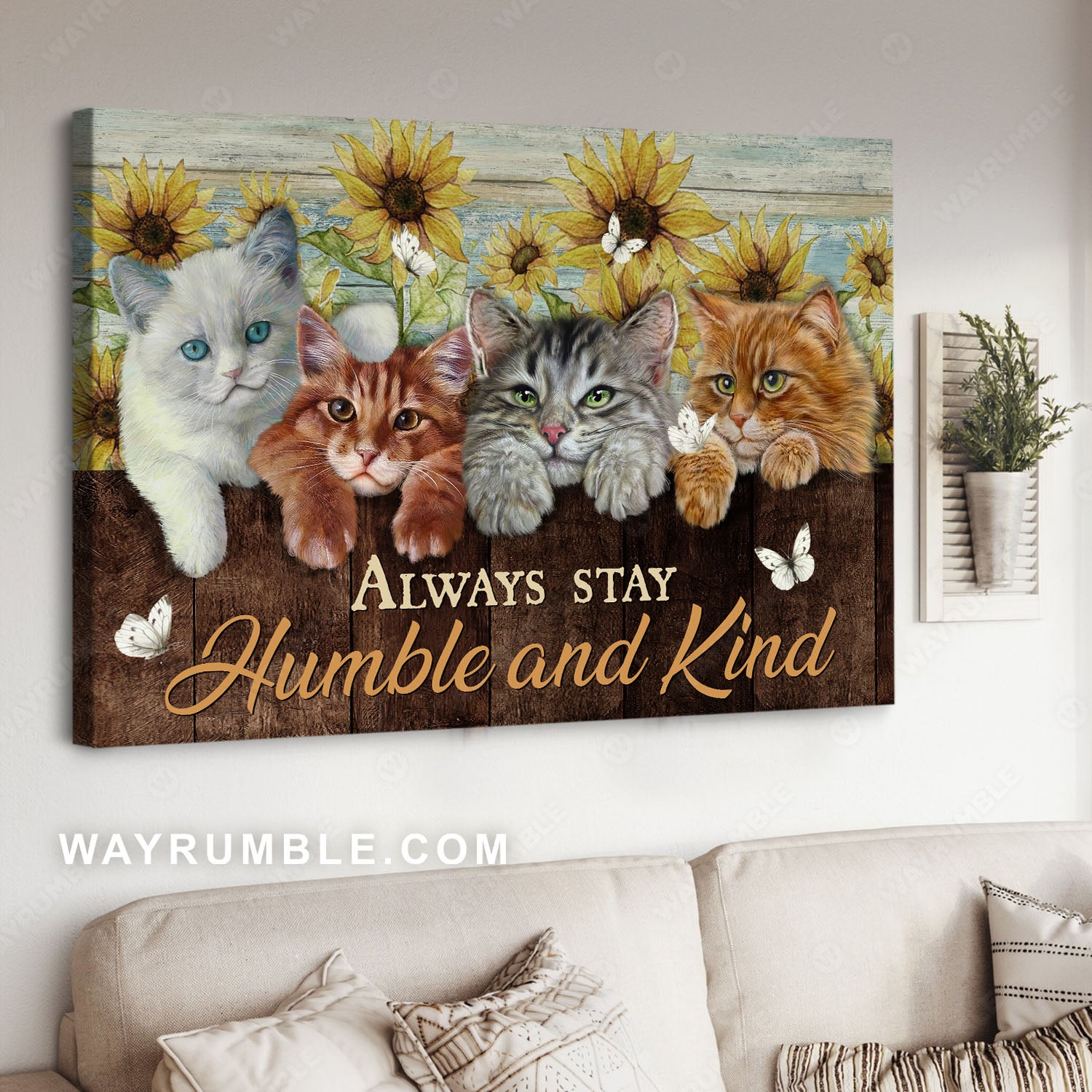 Lovely cat painting, Sunflower frame, White butterfly, Always stay humble - Jesus Landscape Canvas Prints, Christian Wall Art