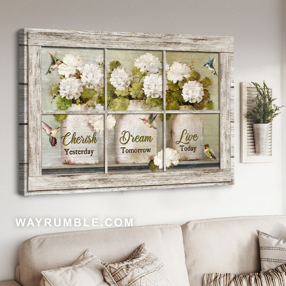 White hydrangea, Colorful hummingbirds, Flower vases, Live today - Jesus Landscape Canvas Prints, Christian Wall Art