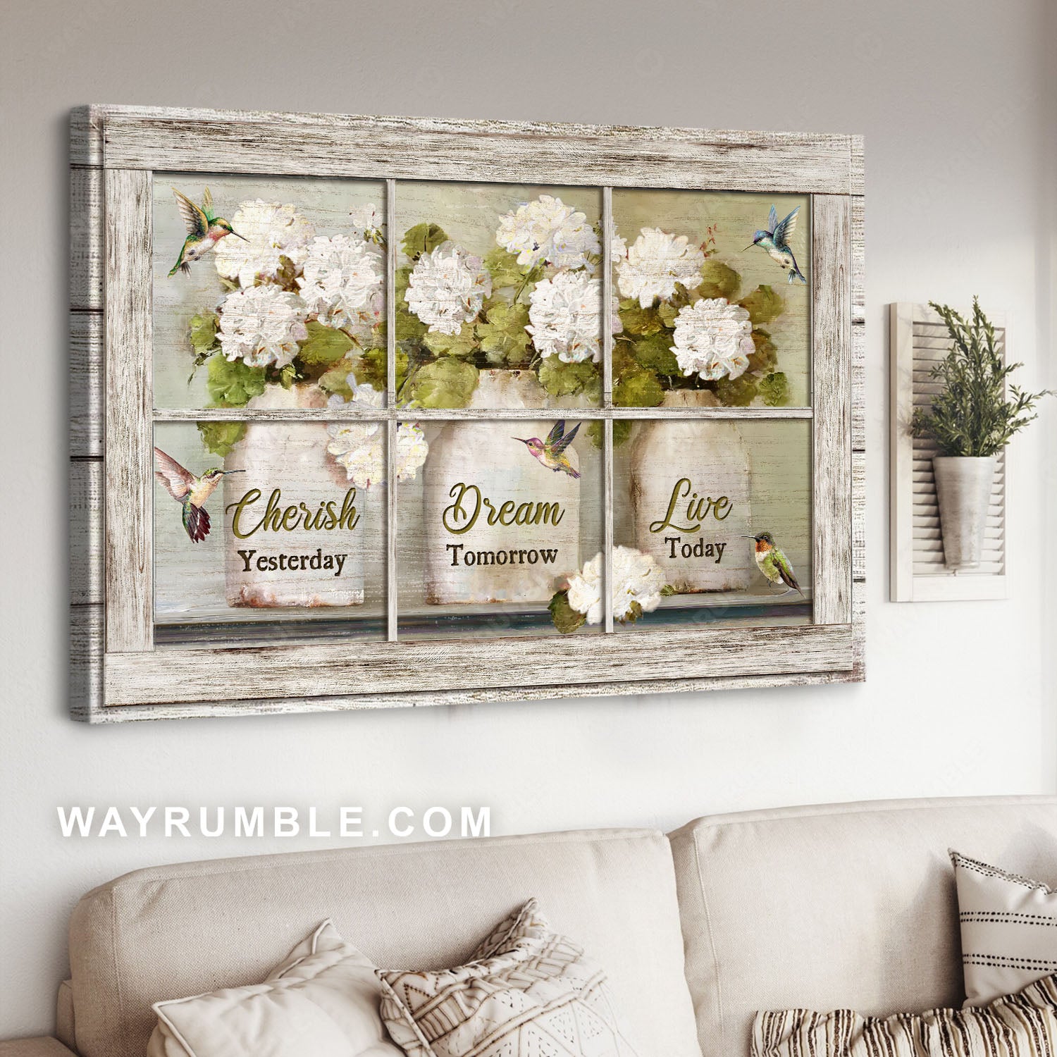 White hydrangea, Colorful hummingbirds, Flower vases, Live today - Jesus Landscape Canvas Prints, Christian Wall Art