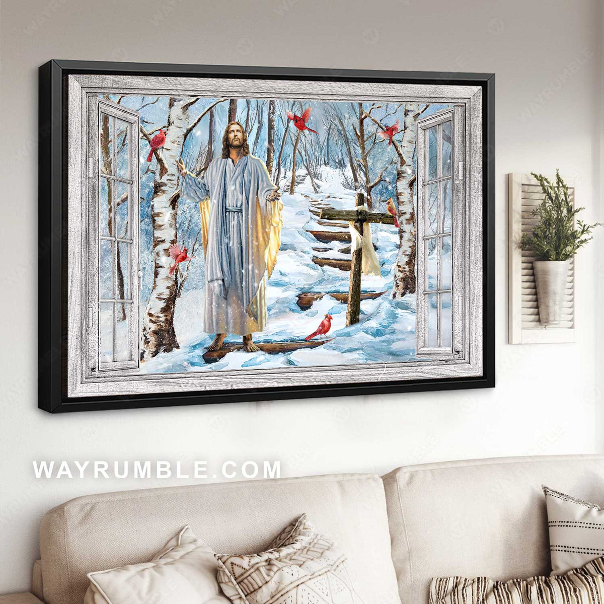 Unique forest, Winter painting, Lucky cardinal, Walking with Jesus - Jesus Landscape Canvas Prints, Home Decor Wall Art