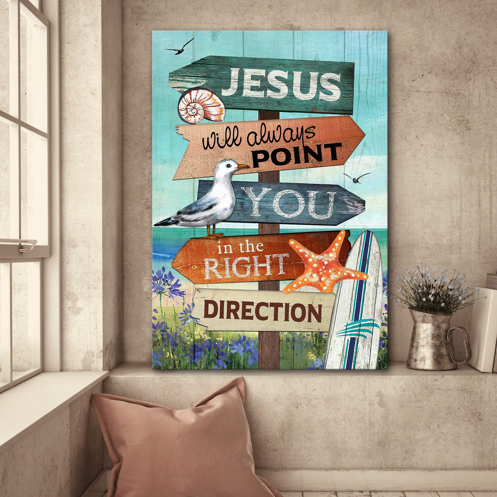 Jesus, Seagull, lovely beach - Jesus will always point you the right direction Portrait Canvas Prints, Wall Art