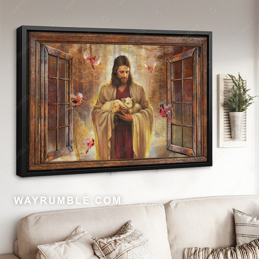 The life of Jesus, Red cardinal, Lamb of God, Autumn forest - Jesus Landscape Canvas Prints, Christian Wall Art