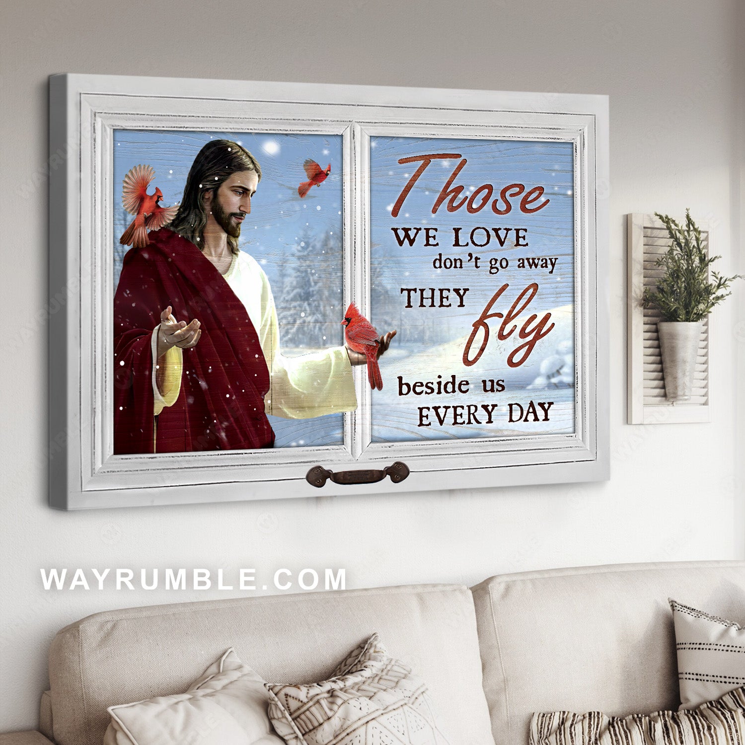 Jesus calls, Red cardinal, Winter painting, Those we love don't go away - Jesus Landscape Canvas Prints, Home Decor Wall Art