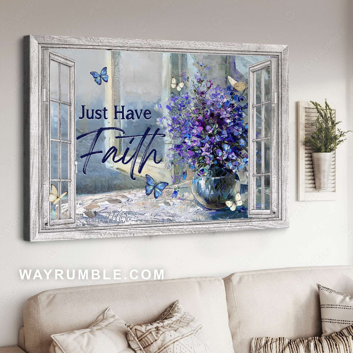 Balloon flower, Crystal vase, Blue butterfly, Just have faith - Jesus Landscape Canvas Prints, Christian Wall Art