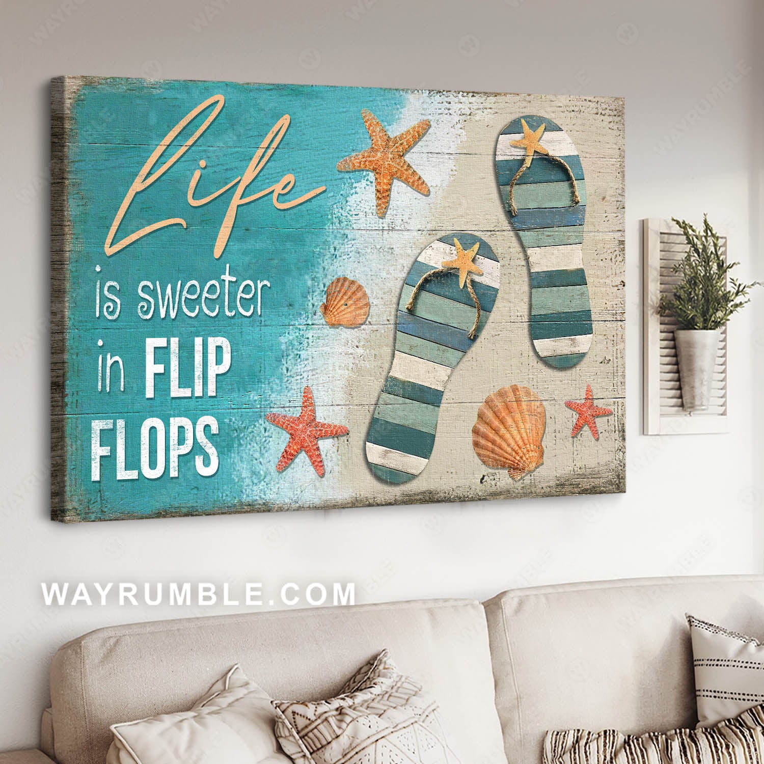 Sand beach, Flip flops, Seashell, Sea star, Life is sweeter - Jesus Landscape Canvas Prints, Christian Wall Art