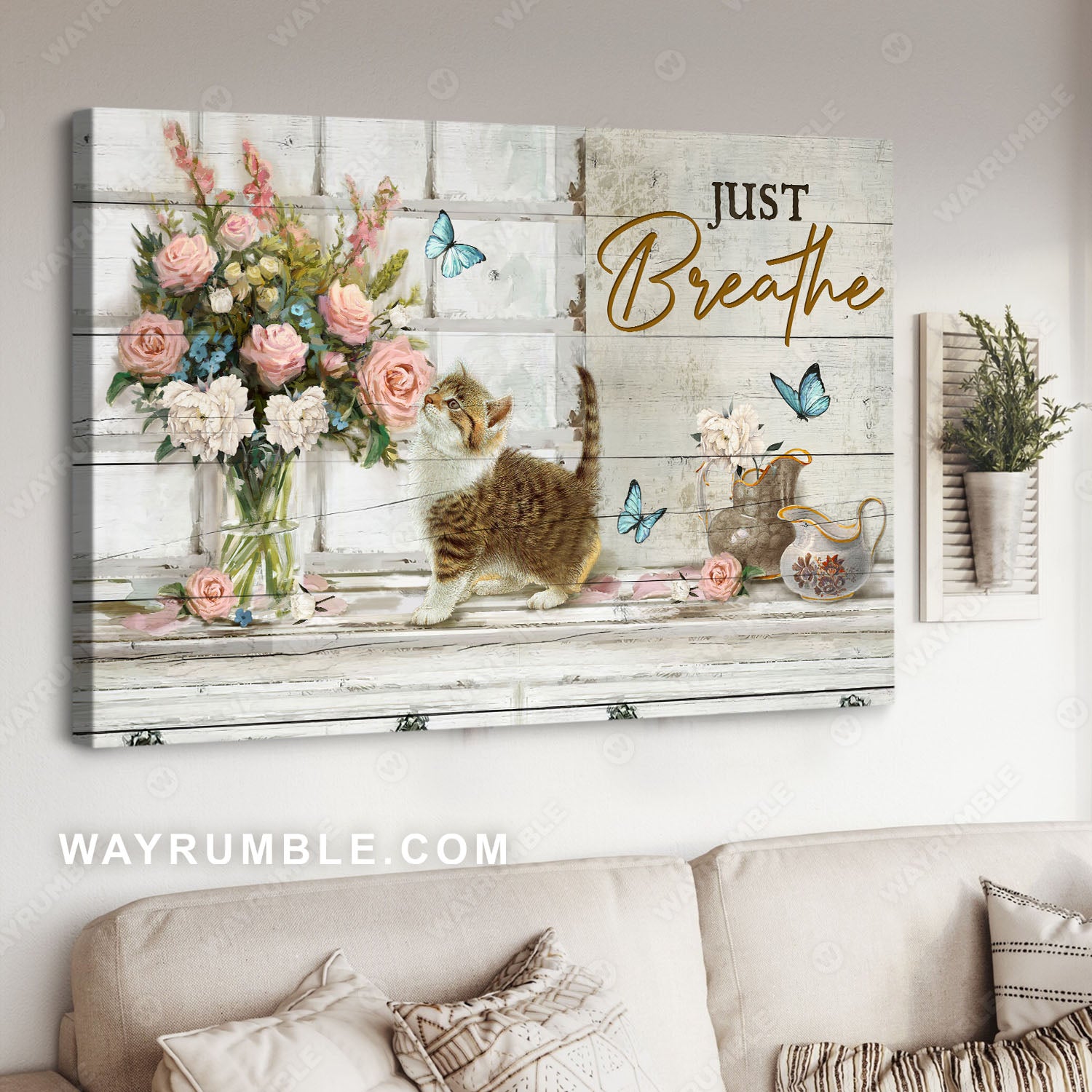 Cat drawing, Blue butterfly, White background, Just breath - Jesus Landscape Canvas Prints, Christian Wall Art