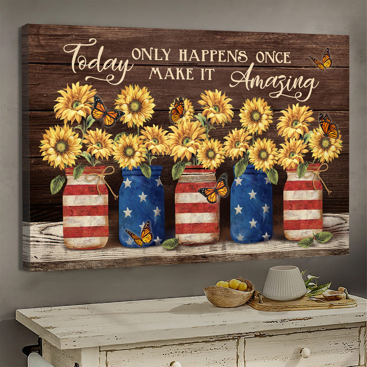Sunflower, US Flag Jars, Butterfly, Today only happens once - Jesus Landscape Canvas Prints, Wall Art