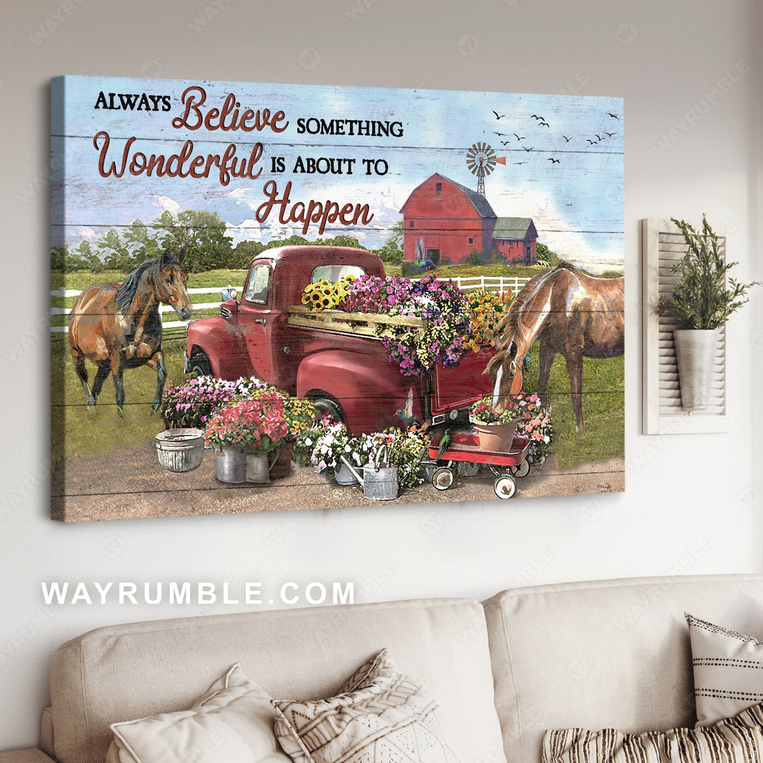 Pretty flower, Red ladybug car, Horse drawing, Always believe something wonderful - Jesus Landscape Canvas Prints, Christian Wall Art