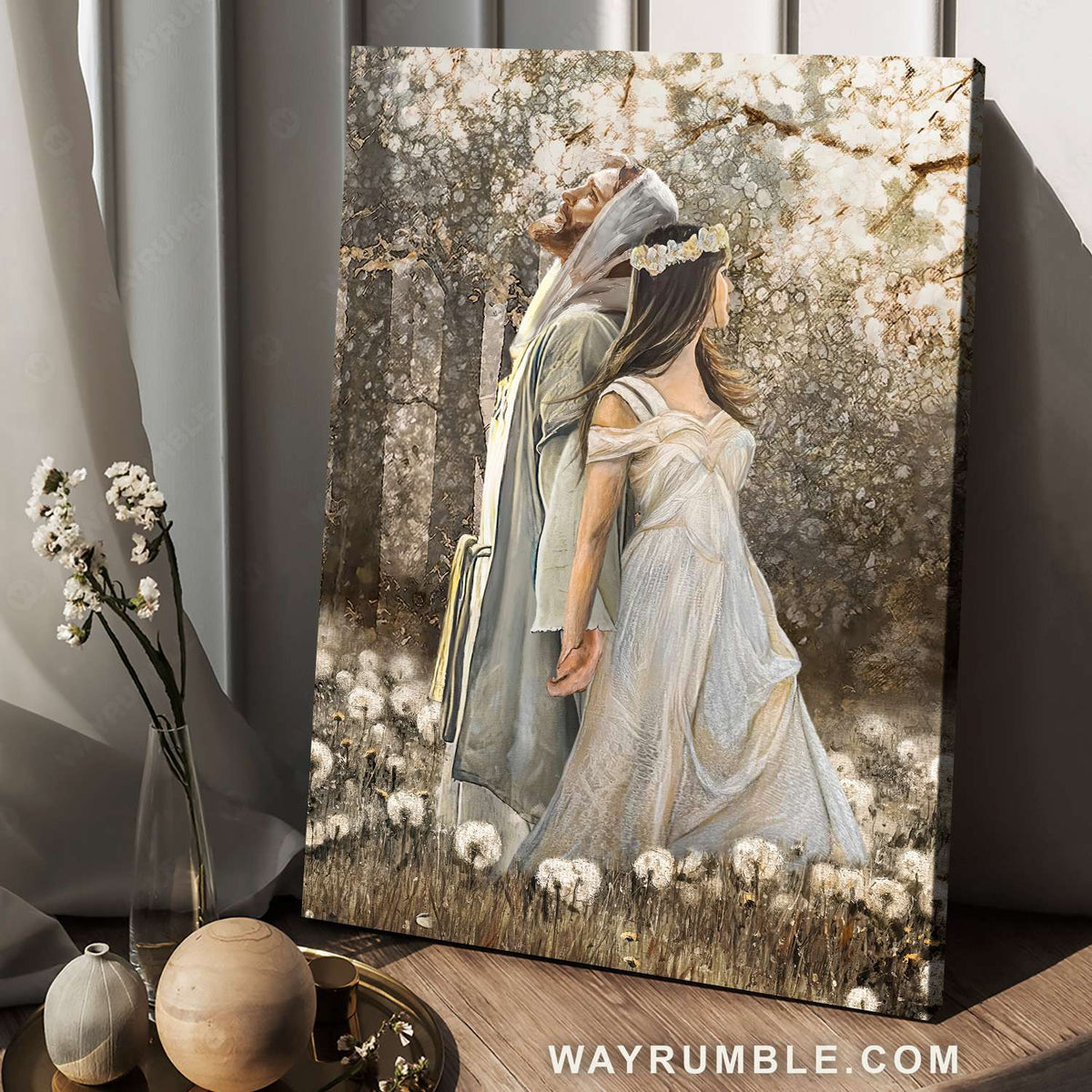 Jesus painting, Beautiful woman, Cotton flowers, Bright day - Jesus Portrait Canvas Prints, Christian Wall Art