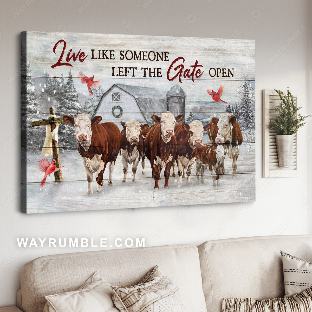 Dairy cow farm, Lucky cardinal, Wooden cross, Live like someone - Jesus Landscape Canvas Prints, Home Decor Wall Art