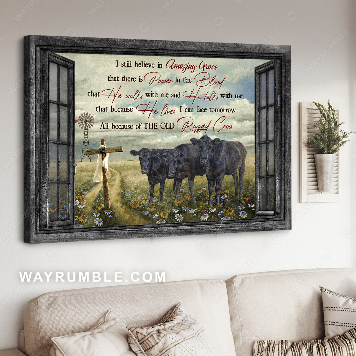 Black cow, Green meadow land, Daisy field, I still believe in amazing grace - Jesus Landscape Canvas Prints, Christian Wall Art