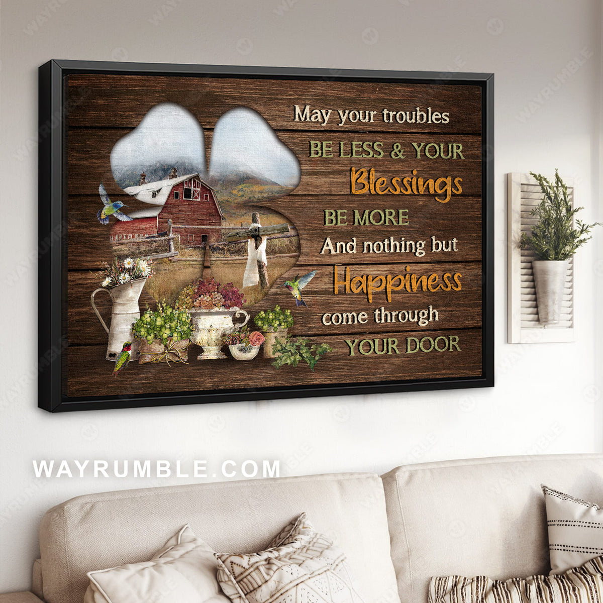 Four-leaf clover, Countryside drawing, Hummingbird, May your trouble be less - Jesus Landscape Canvas Prints, Christian Wall Art