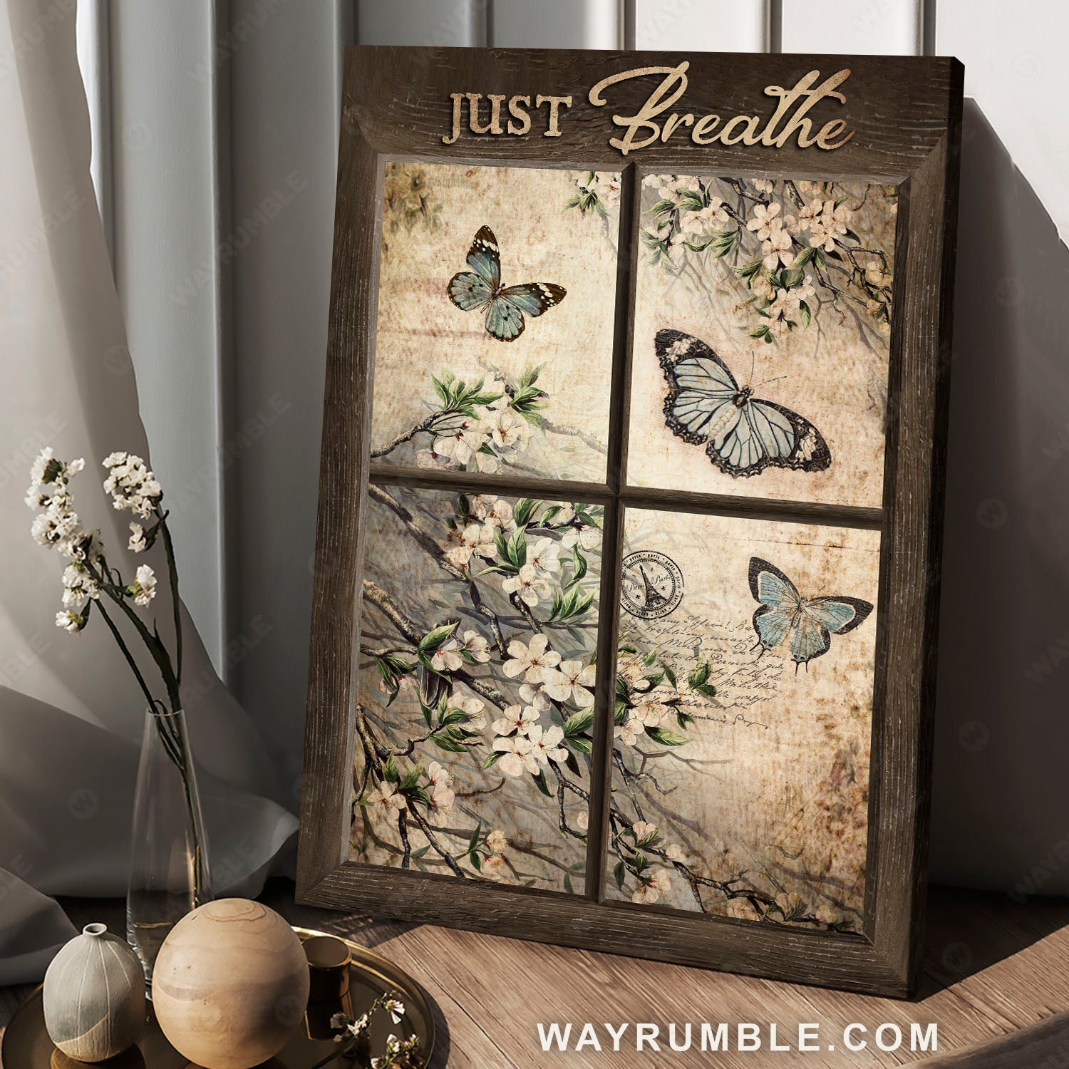 White flower, Vintage window, Blue butterfly, Just breathe - Jesus Portrait Canvas Prints, Christian Wall Art