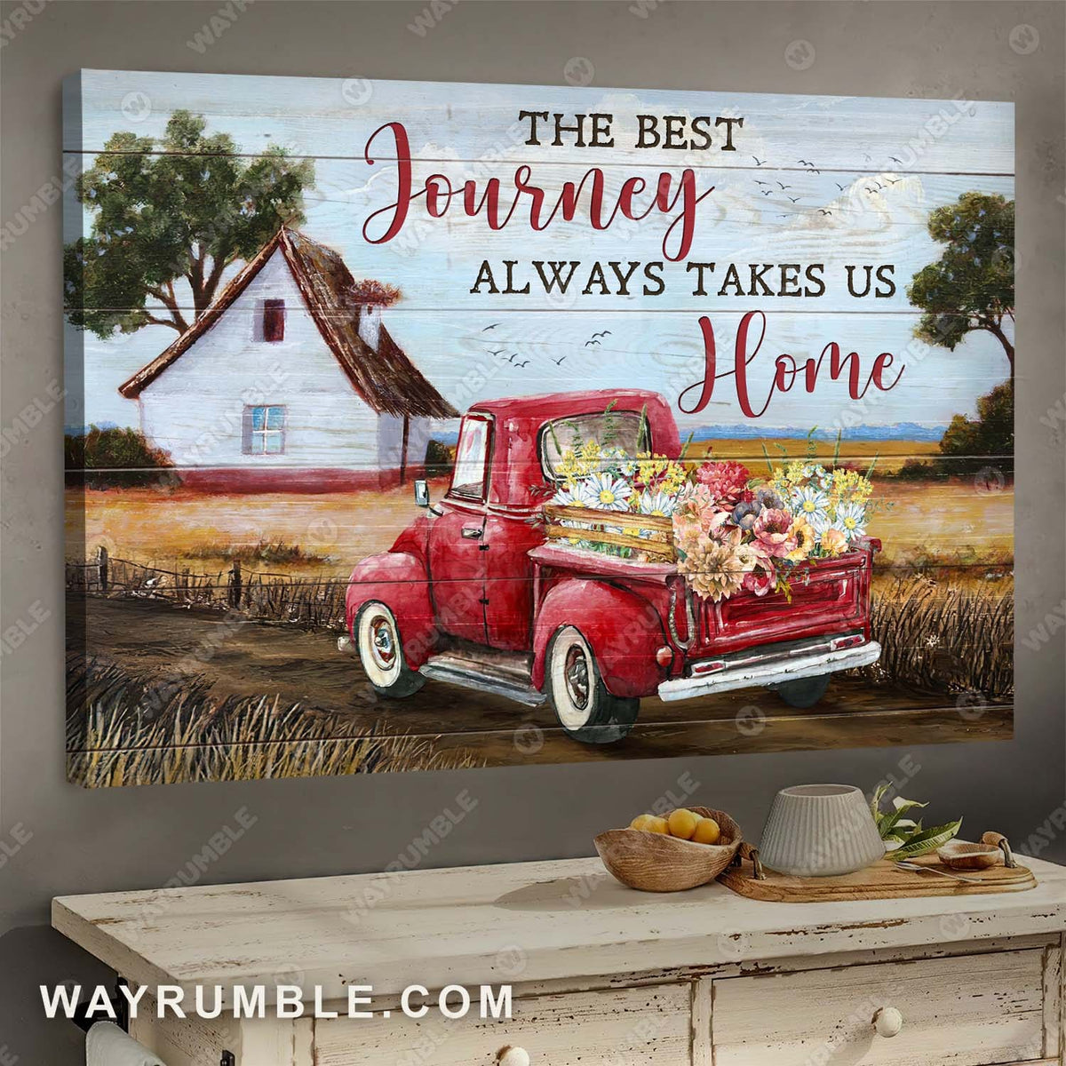 Red truck, Farmhouse painting, Meadow drawing, The best journey always takes us Home - Jesus, Countryside Landscape Canvas Prints, Wall Art