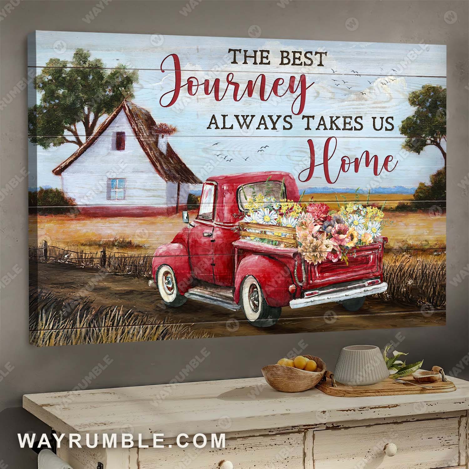 Red truck, Farmhouse painting, Meadow drawing, The best journey always takes us Home - Jesus, Countryside Landscape Canvas Prints, Wall Art