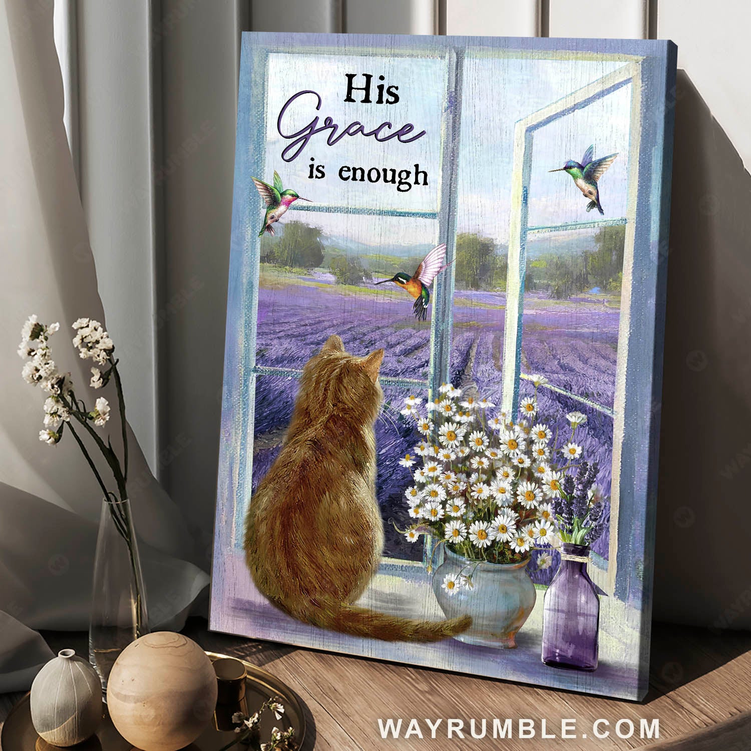 Orange tabby kitten, Lavender farm, White daisy, His grace is enough - Jesus Portrait Canvas Prints, Christian Wall Art