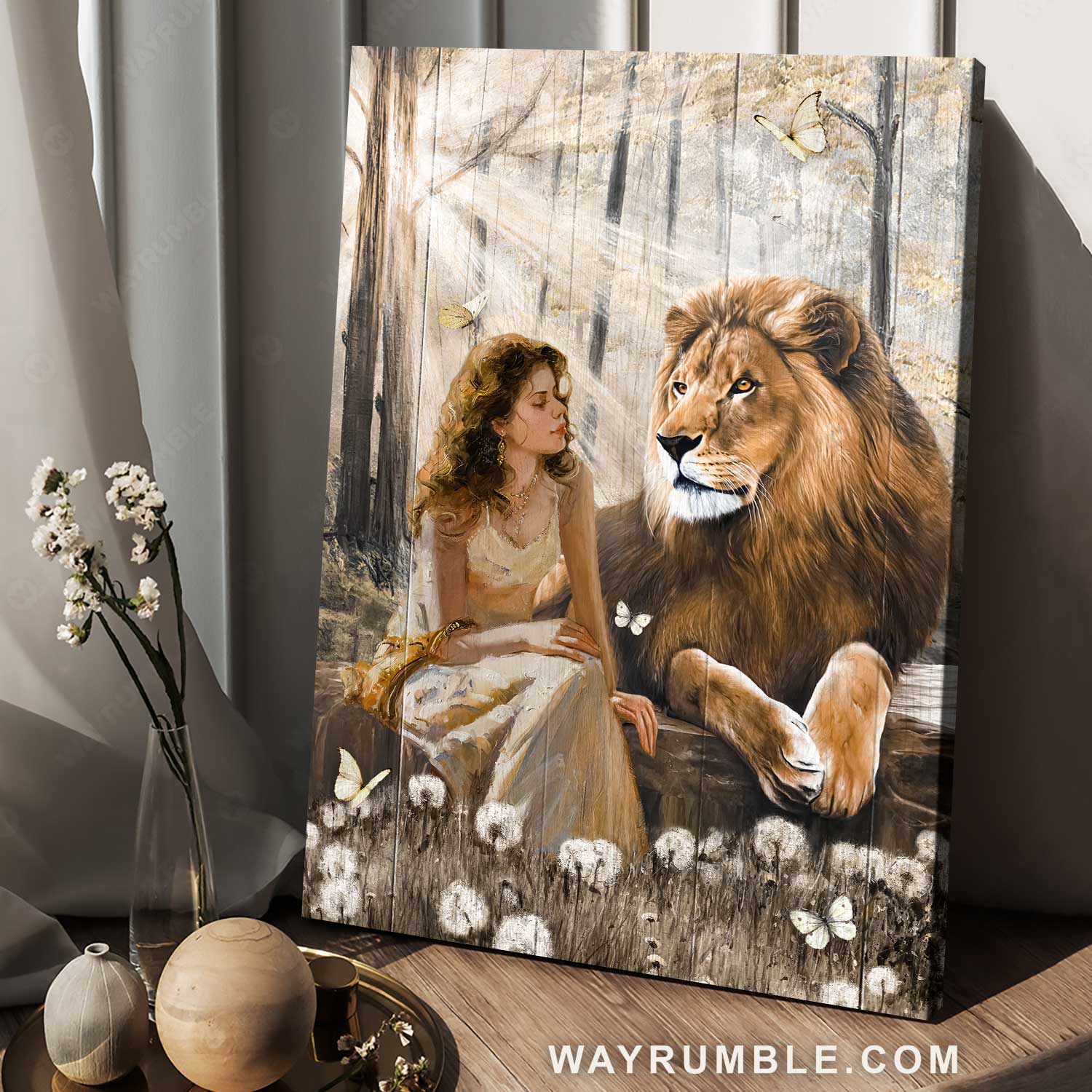 Lion of Judah, Pretty girl, Dandelion field, Sunny day - Jesus Portrait Canvas Prints, Home Decor Wall Art