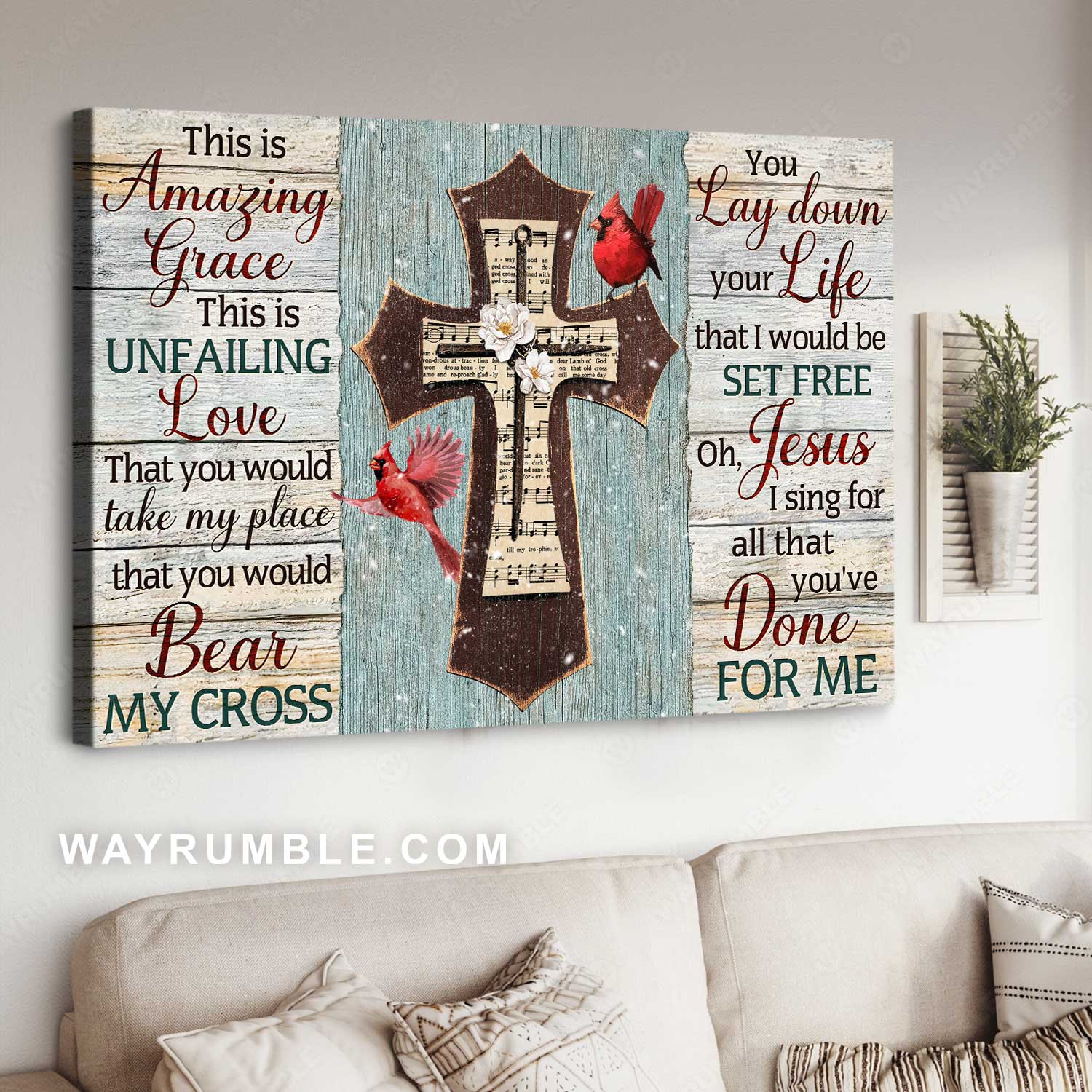 Lovely cardinal, Music sheet, Wooden cross, This is amazing grace - Jesus Landscape Canvas Prints, Home Decor Wall Art