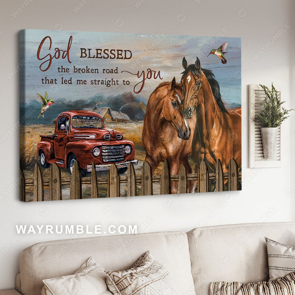 Brown horses, Ladybug car, Blue sky, God blessed the broken road that led me straight to you - Jesus Landscape Canvas Prints, Christian Wall Art