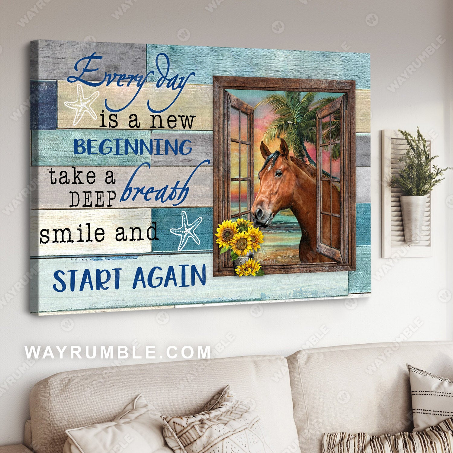 Dream horse, Pink sunset, Blue background, Every day is a new beginning - Jesus Landscape Canvas Prints, Wall Art