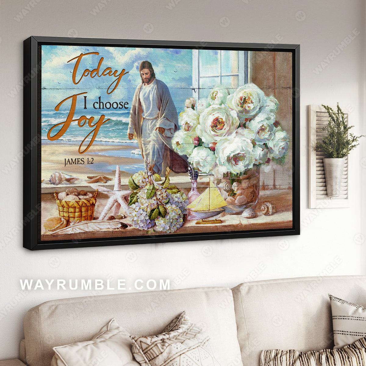 White rose vase, Walking with Jesus, Purple hydrangea, Today I choose joy - Jesus Landscape Canvas Prints, Christian Wall Art