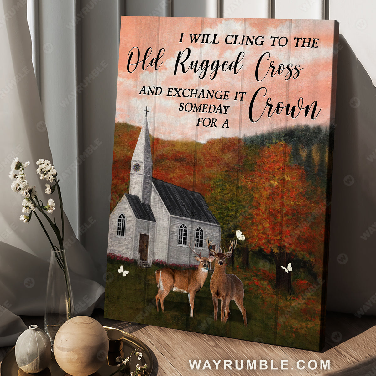 Pink sunset, Autumn forest, Deer drawing, I will cling to the old rugged cross - Jesus Portrait Canvas Prints, Wall Art