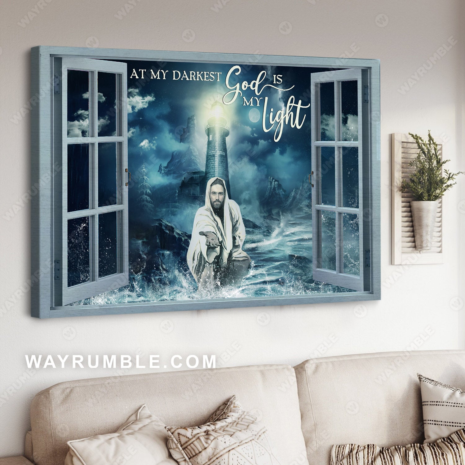 Lighthouse, In the storm, Sea painting, Come to Jesus - Jesus Landscape Canvas Prints, Wall Art