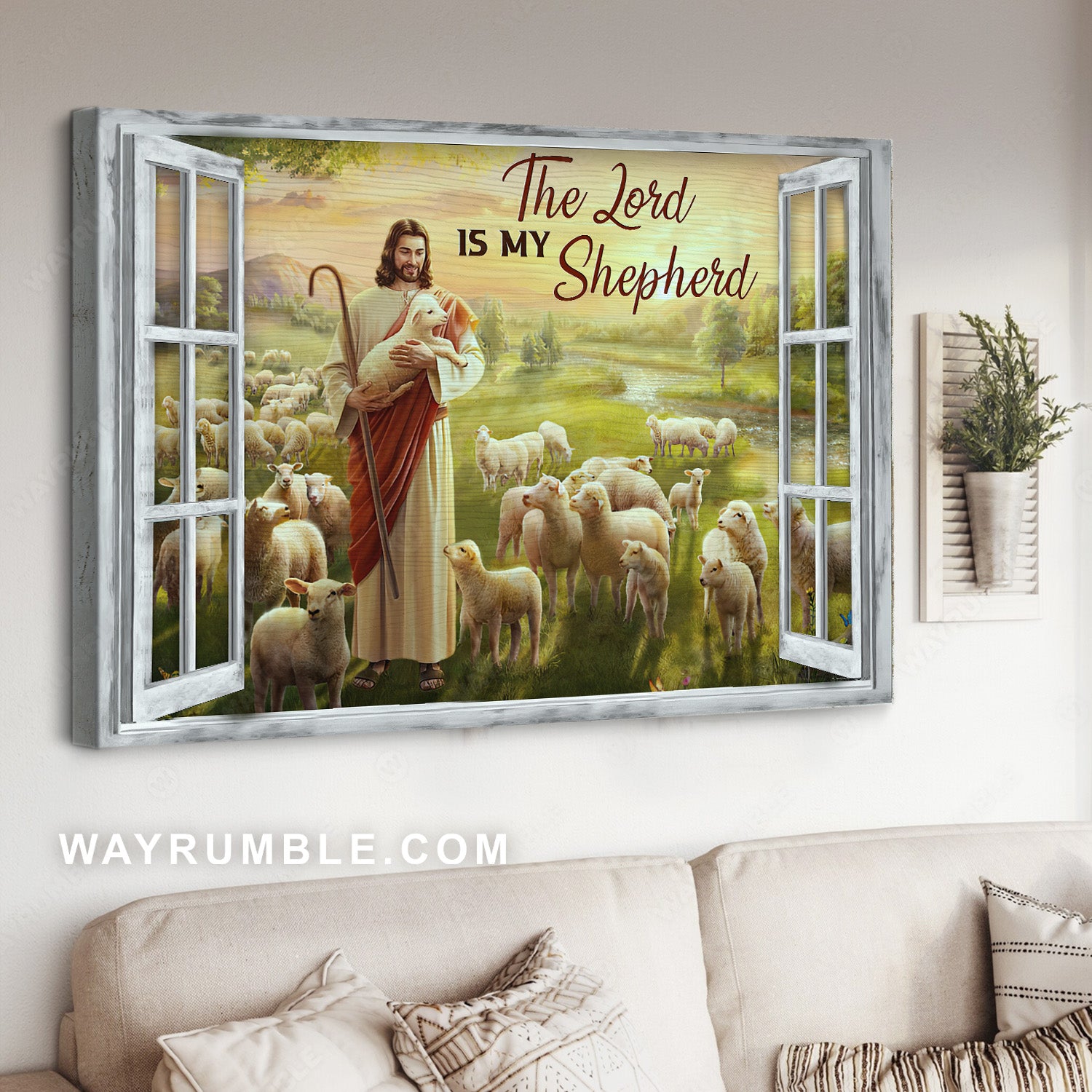 Lamb farm, Green meadow land, White window, Beautiful Jesus artwork - Jesus Landscape Canvas Prints, Home Decor Wall Art