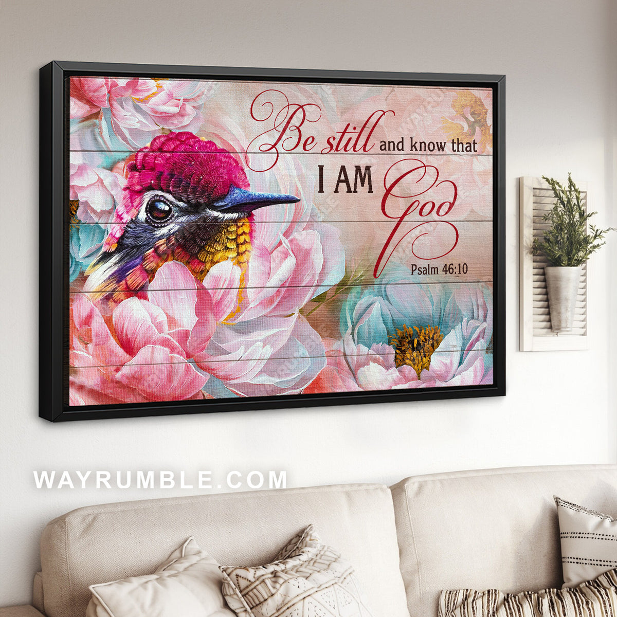 Brilliant hummingbird, Pink camellia flower, Be still and know that I am God - Jesus Landscape Canvas Prints, Christian Wall Art