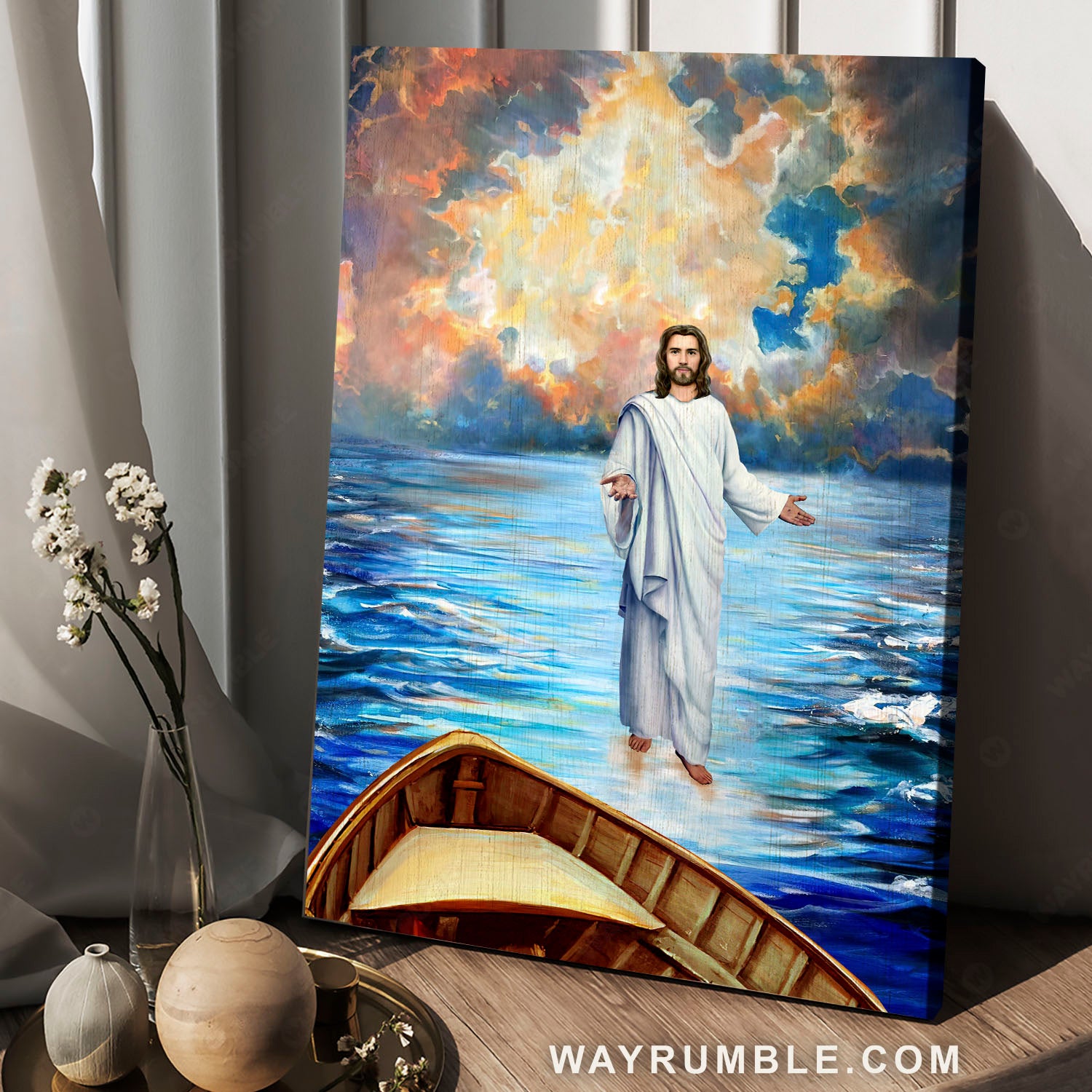 Jesus walks on water, God help us, Blue ocean, Sailing boat - Jesus Portrait Canvas Prints, Christian Wall Art