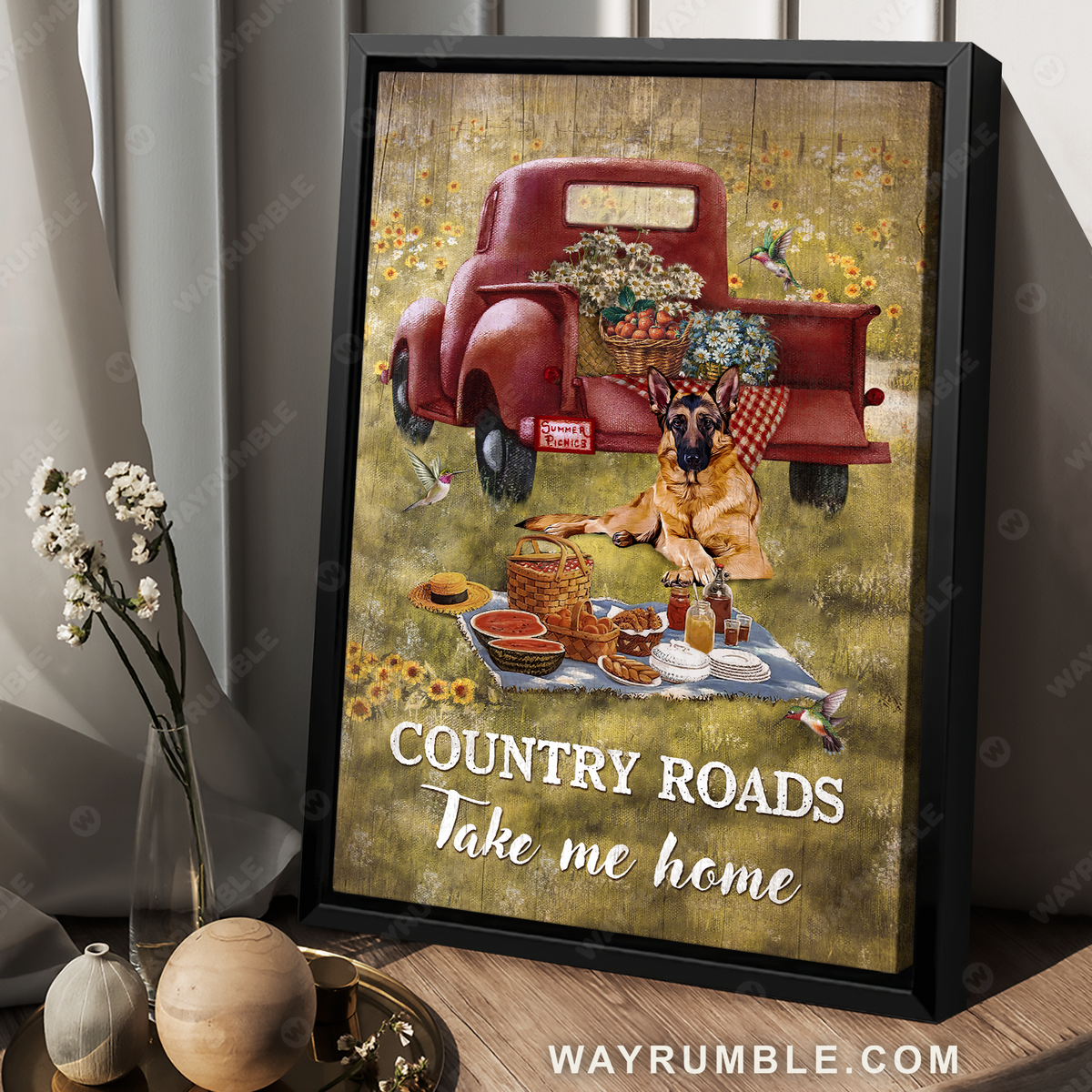 Picnic painting, German shepherd dog, Red ladybug car, Country roads take me home - Jesus Portrait Canvas Prints, Christian Wall Art