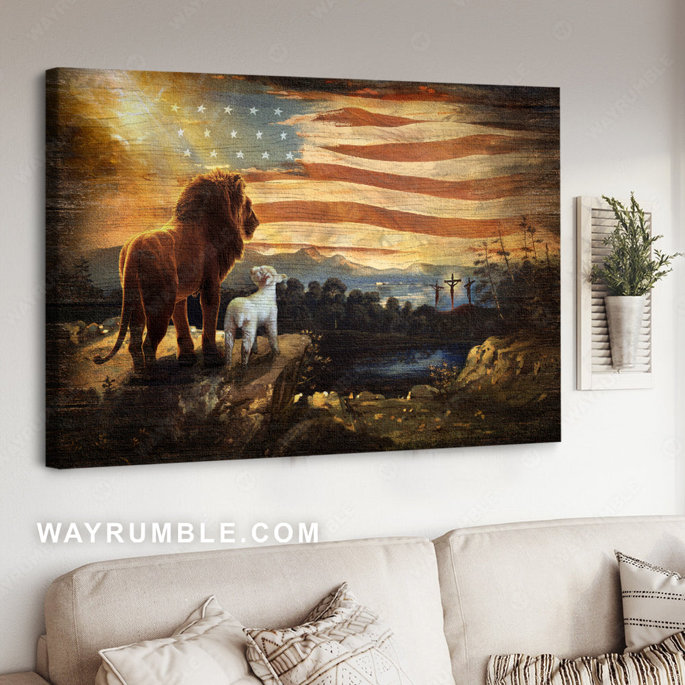 Old US flag, Lion of Judah, Little lamb, Jesus on the cross - Jesus Landscape Canvas Prints, Christian Wall Art