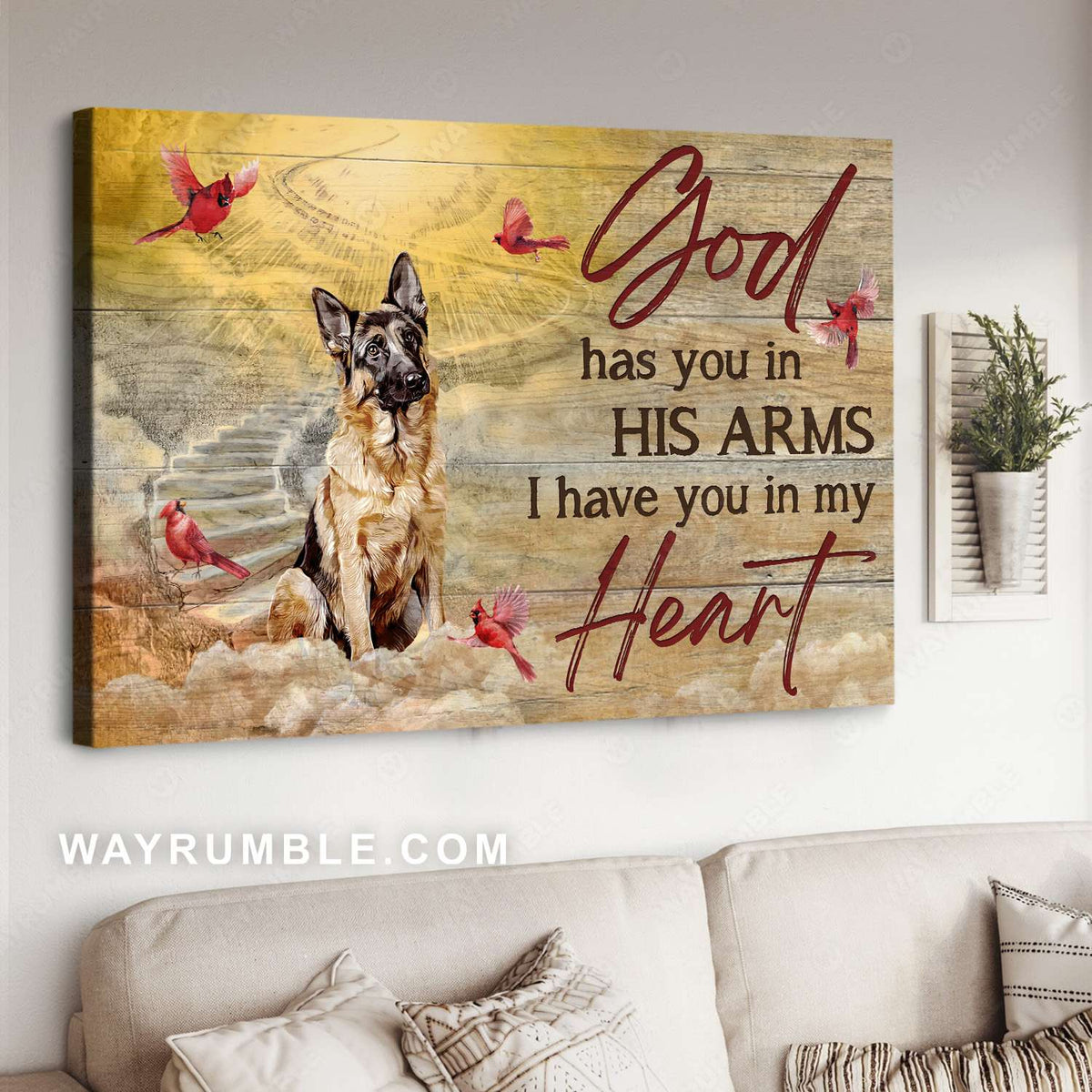 German shepherd drawing, Red cardinals, Heaven sky, God has you in his arms - Jesus Landscape Canvas Prints, Christian Wall Art