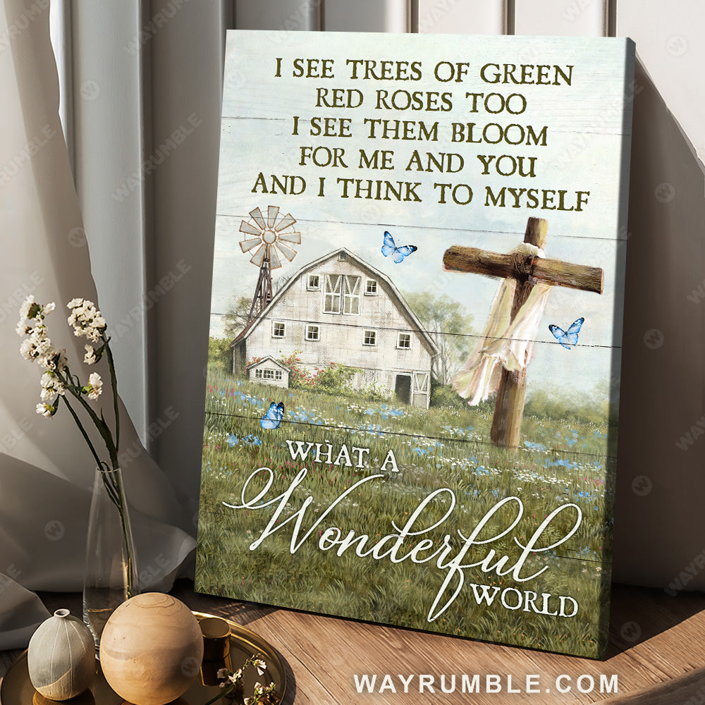 White house, Big cross, Green meadow land, Blue flower, What a wonderful world - Jesus Portrait Canvas Prints, Christian Wall Art