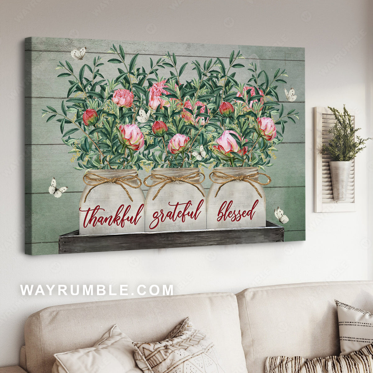 Peony, Peonies flowers, Glass jars, Thankful grateful blessed - Jesus Landscape Canvas Prints, Christian Wall Art