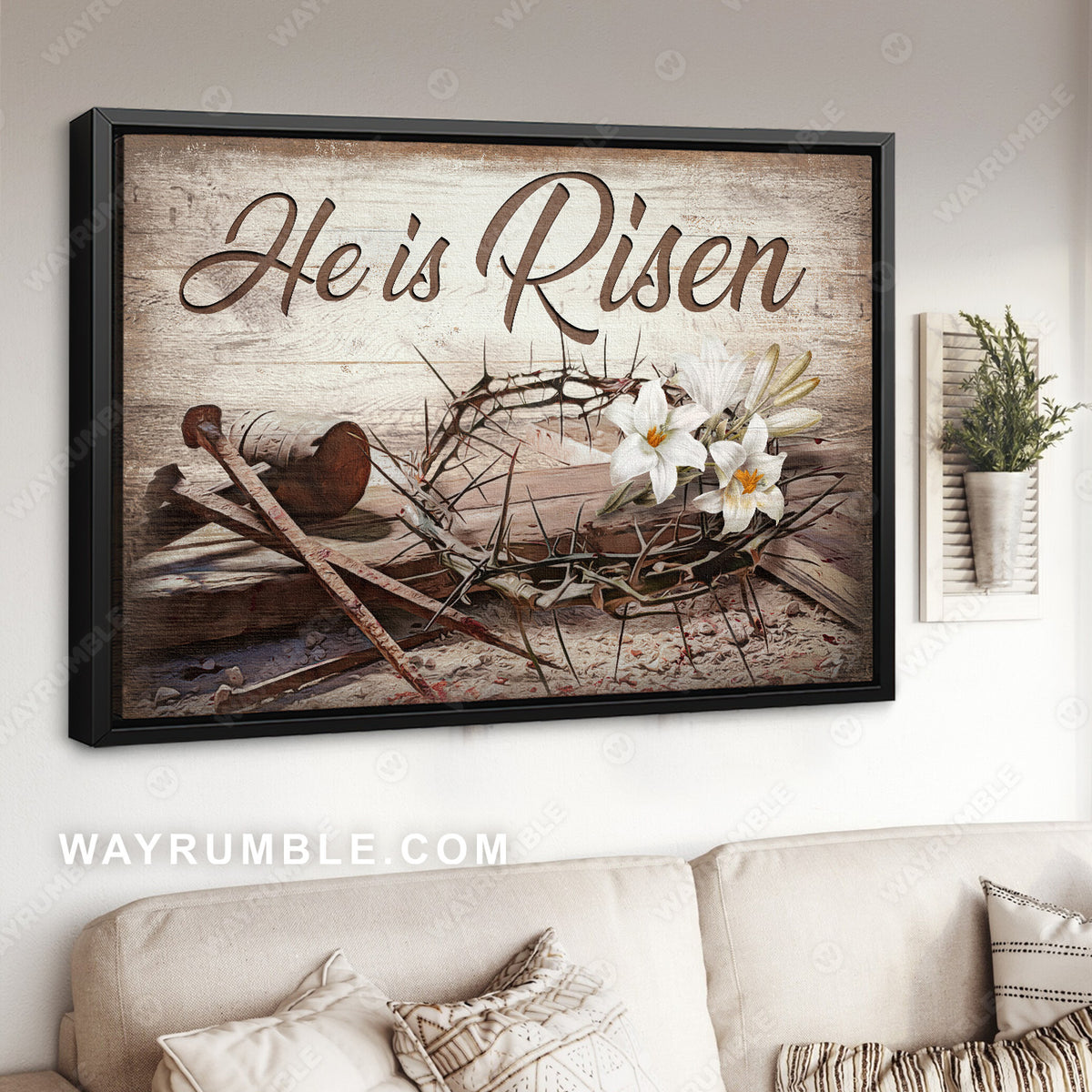 Crown of thorns, Lily flower, Cross symbol, He is risen - Jesus Landscape Canvas Prints, Christian Wall Art