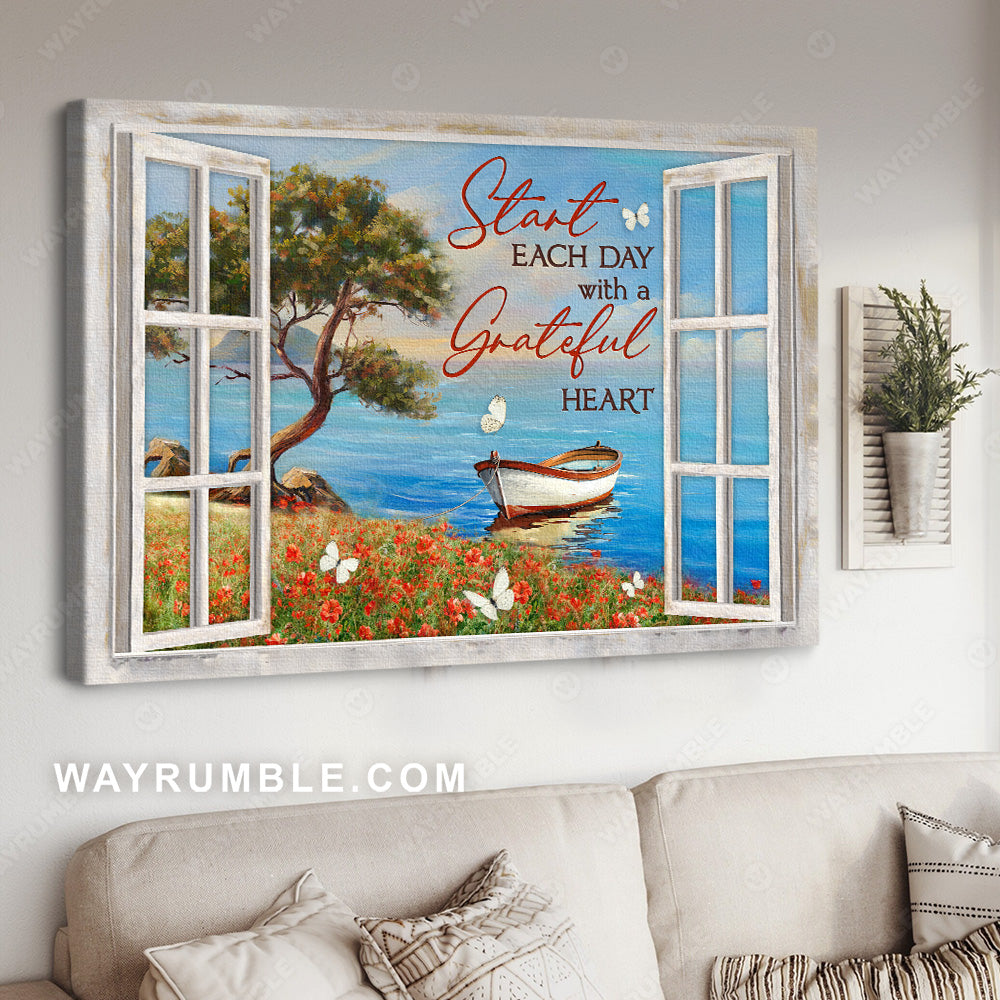 Wooden boat, Blue ocean, Flower field, Start each day with a grateful heart - Jesus Landscape Canvas Prints, Christian Wall Art