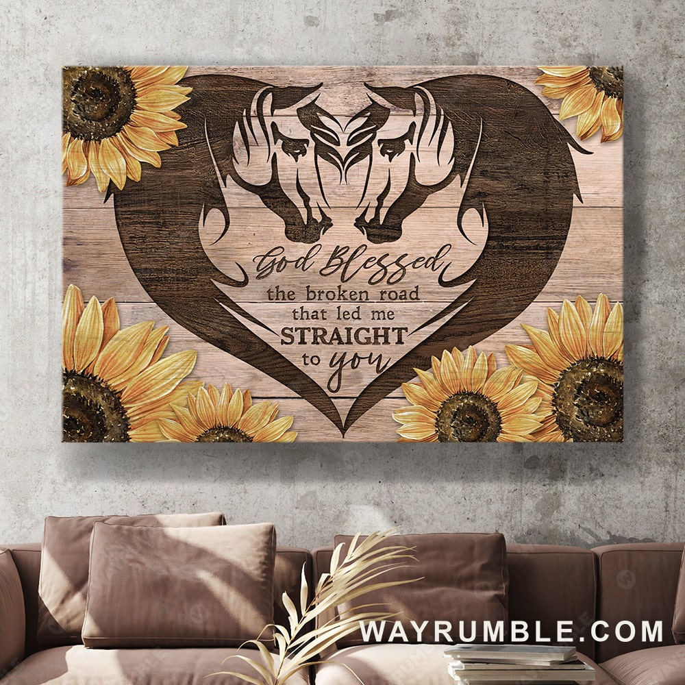 Brown horse, Wood caving, Sunflower, God blesses the broken road that led me straight to you - Jesus Landscape Canvas Prints, Christian Wall Art