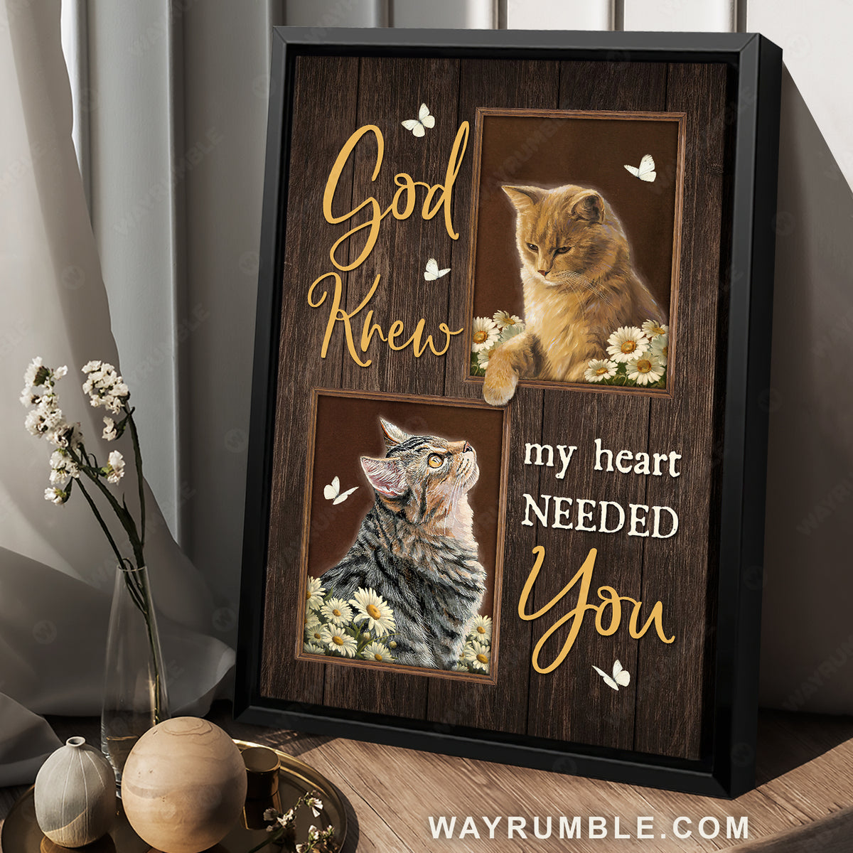 Cute cat drawing, Watercolor daisy, God knew my heart needed you - Jesus Portrait Canvas Prints, Christian Wall Art